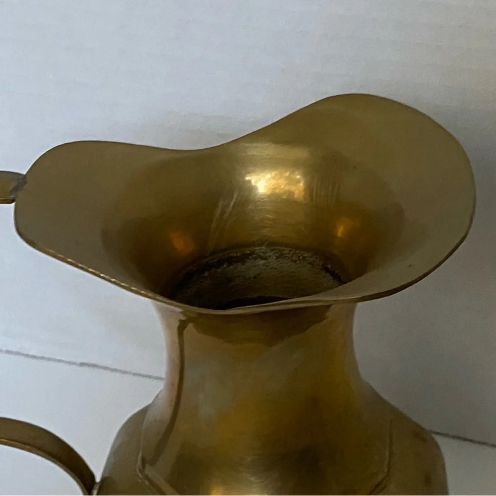 Vintage Solid Brass Pitcher Jug Vase Pretty Handle 6.5” Tall